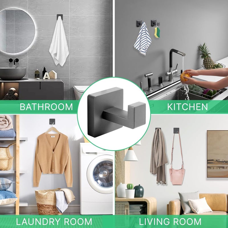 Fenas Heavy Duty Stainless Steel Towel Hooks, Wall Mounted Square Robe Hooks for Bathroom, Kitchen, Bedroom, Hotel 2 Pack Grey - Image 5